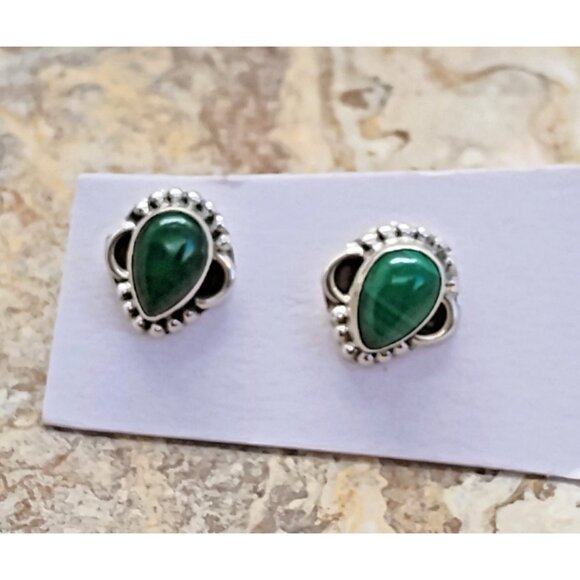 Sterling Silver Malachite Stud Earrings & Pendant Set Boho Dainty - Picture 6 of 10